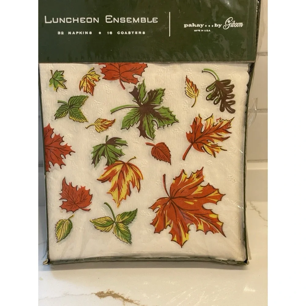 Vintage Luncheon Napkin Coaster Set Autumn Fall Leaves Event Entertain‎ MCM Dine